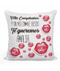Cojin de lentejuelas cumpleaños y millones de besos